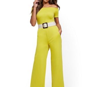 NY&Co Chartreuse colored off the shoulder jumpsuit